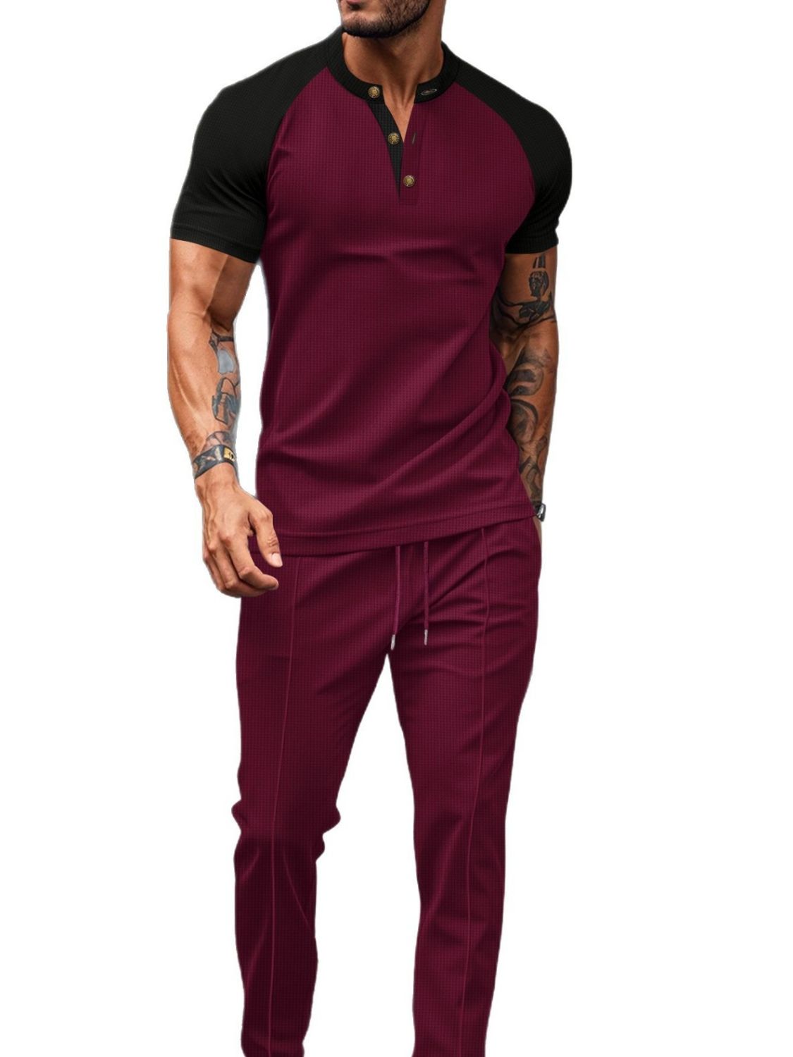 Men's Full Size Waffle-Knit Contrast Top and Drawstring Pants Set Plus Size - Clothes For Her Online Store