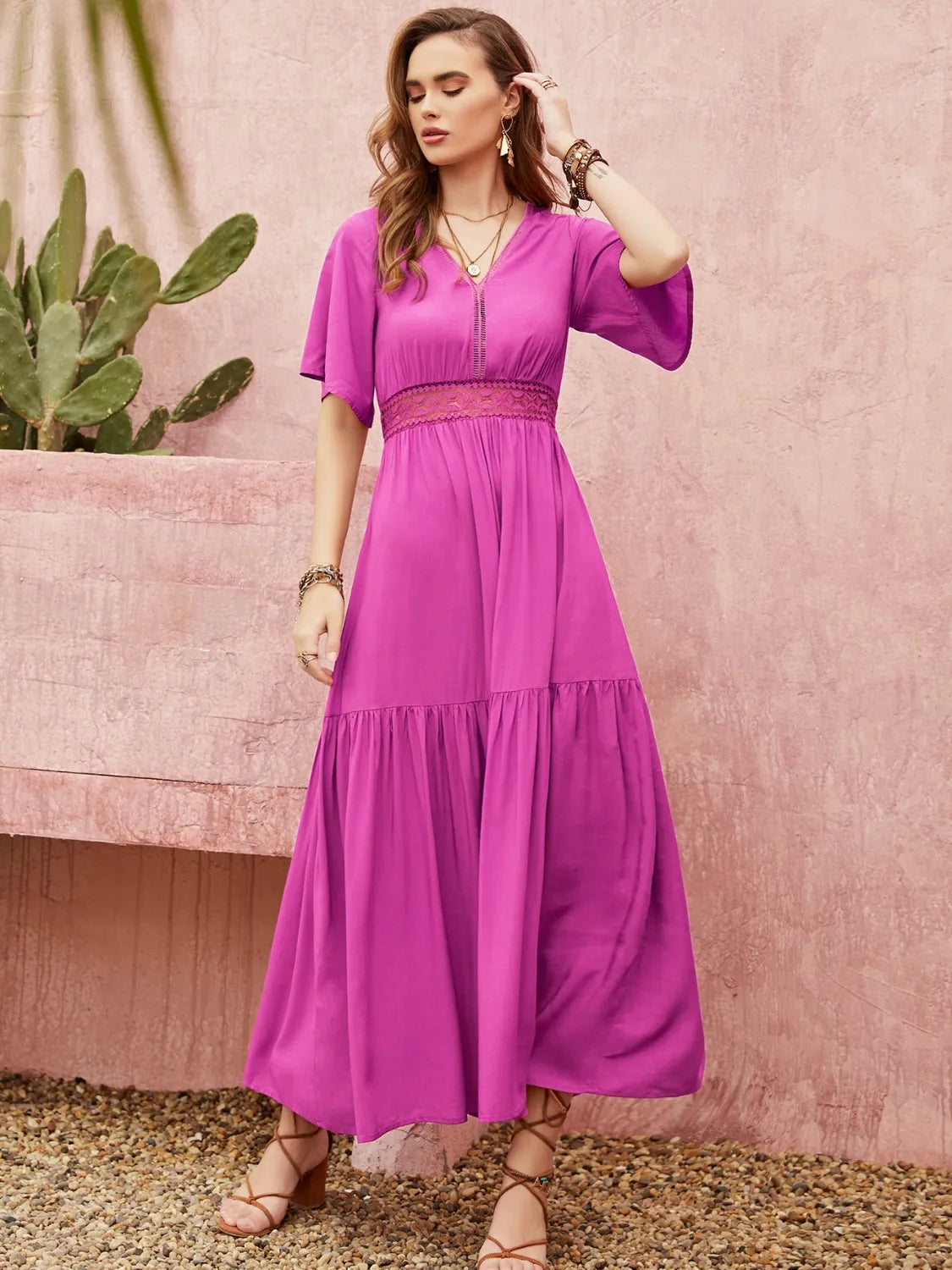 Lace Detail V-Neck Short Sleeve Midi Dress