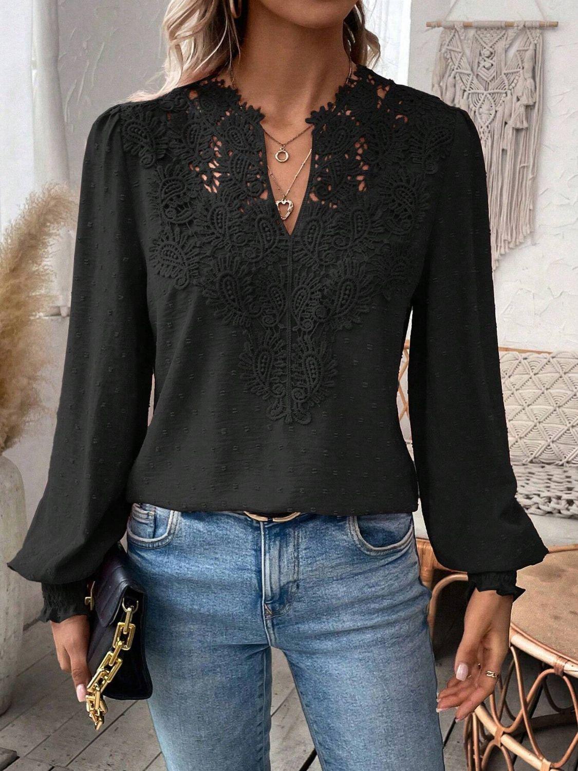 Swiss Dot Lace Detail Notched Long Sleeve Blouse - Clothes For Her Online Store