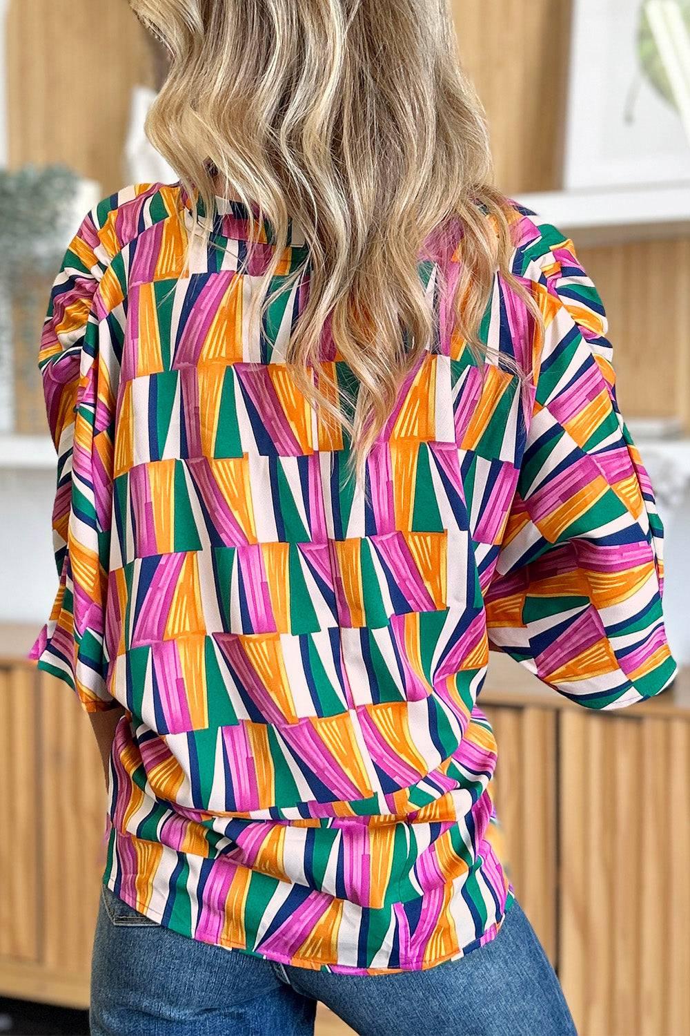 Double Take Full Size Geometric Notched Dolman Sleeve Top - Clothes For Her Online Store