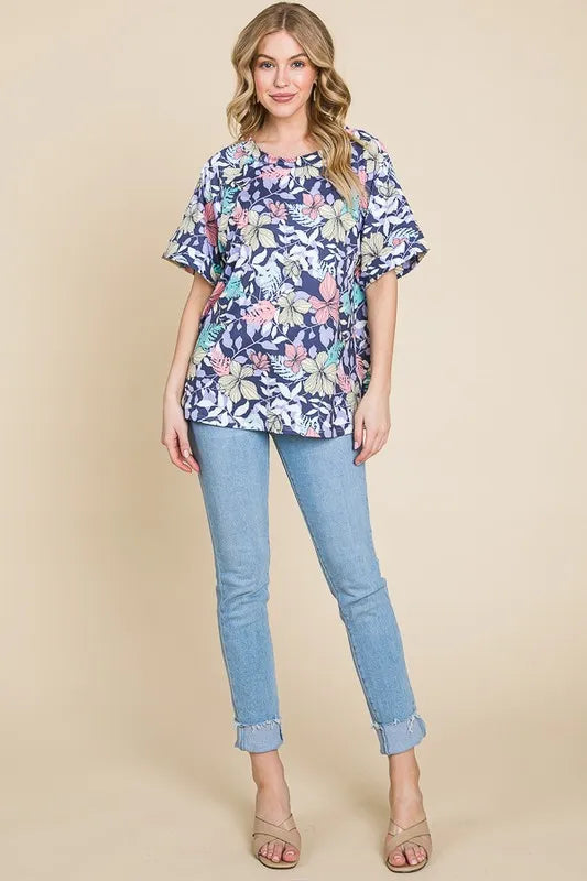 BOMBOM Floral Round Neck Short Sleeve T-Shirt