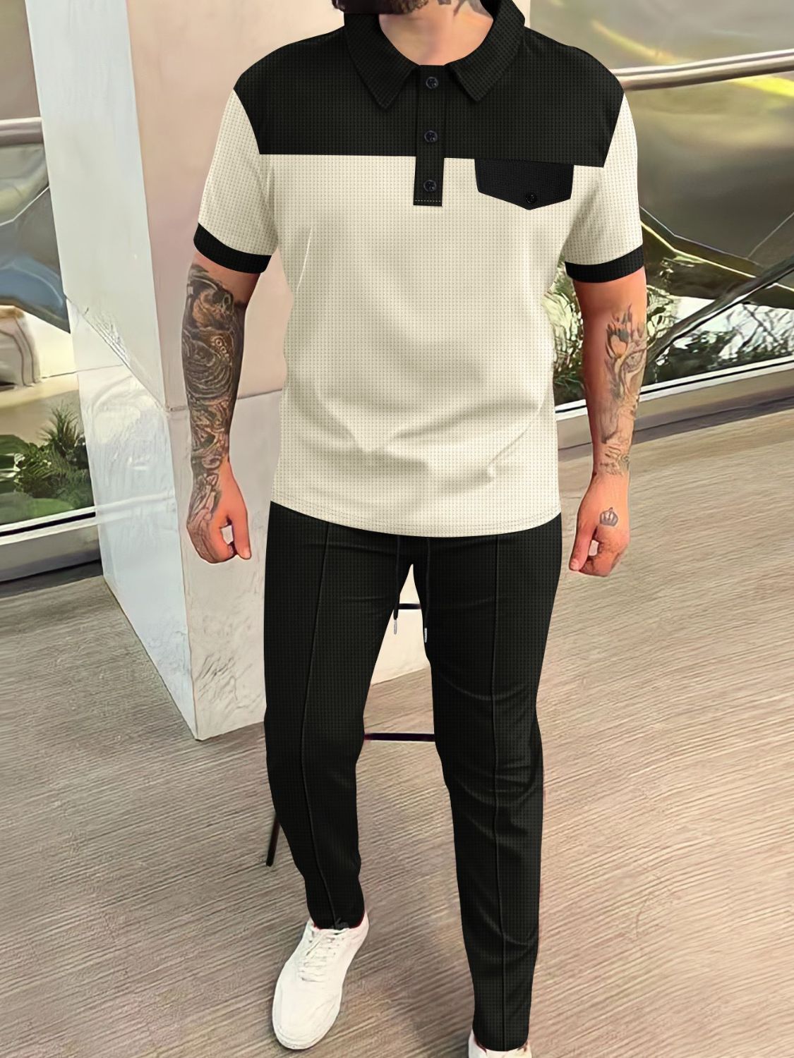 Men‘s Full Size Waffle-Knit Contrast Top and Pants Set Plus Size - Clothes For Her Online Store