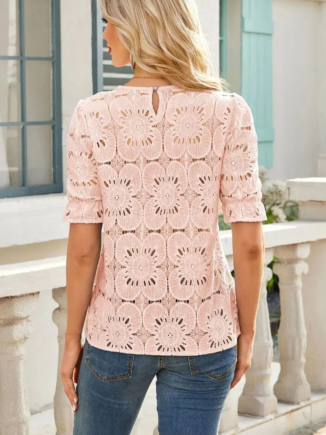 Openwork Round Neck Short Sleeve Top - Clothes For Her Online Store