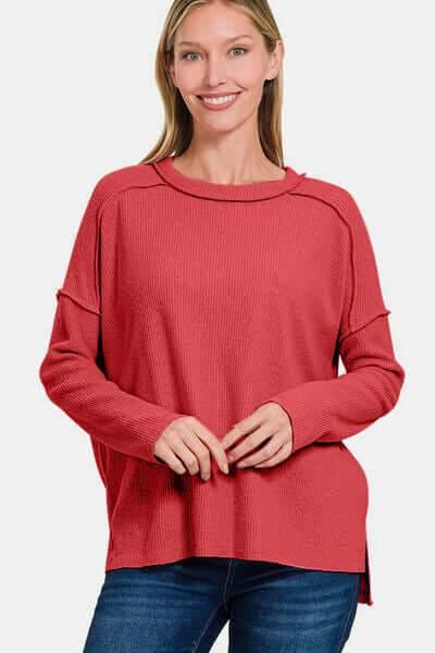 Zenana Full Size Exposed Seam Brushed Round Neck Sweater - Clothes For Her Online Store