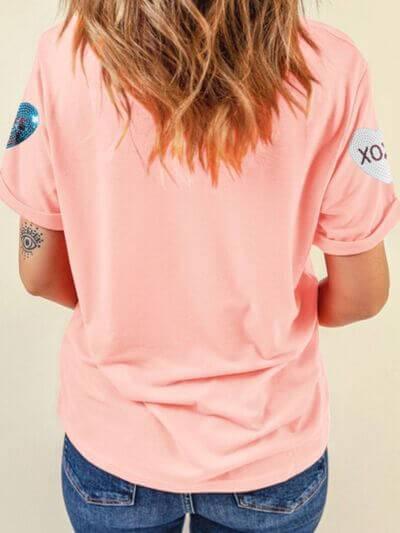 Valentine’s Day Sequin Heart Round Neck Short Sleeve T-Shirt - Clothes For Her Online Store