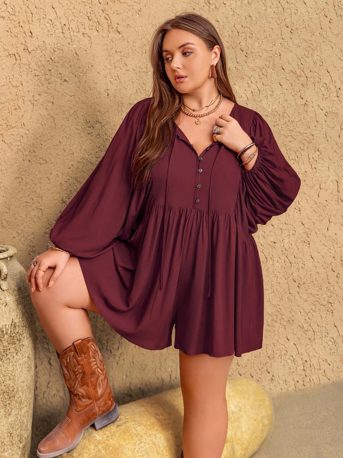 Plus Size Tie Neck Balloon Sleeve Romper - Clothes For Her Online Store