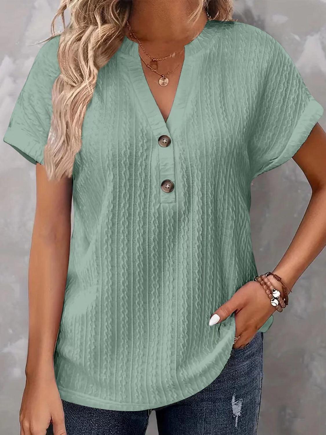 Textured Notched Short Sleeve Top - Clothes For Her Online Store