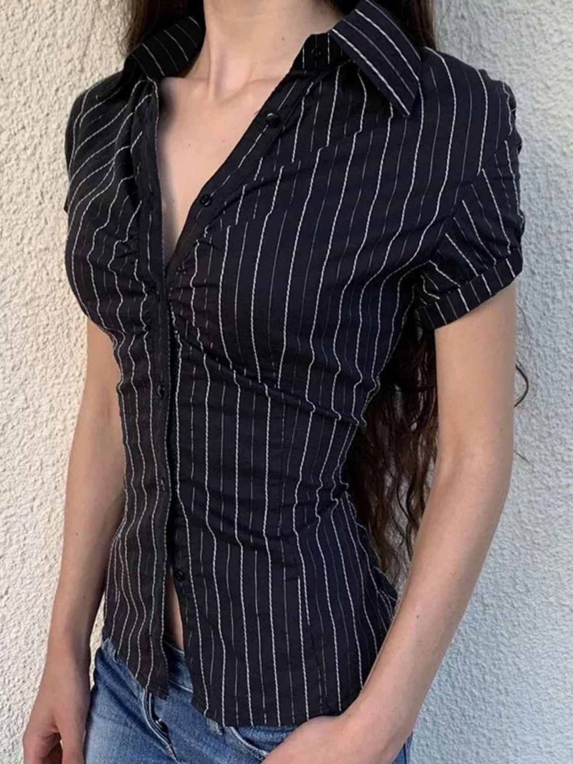 Devine Button Down Striped Collared Neck Short Sleeve Shirt - Clothes For Her Online Store