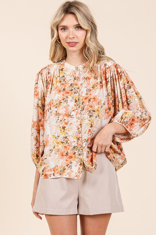 Mittoshop Flower Print Batwing Sleeve Button Down Blouse - Clothes For Her Online Store