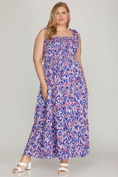 She + Sky Full Size Smocked Printed Wide Strap Tiered Dress Plus Size - Clothes For Her Online Store