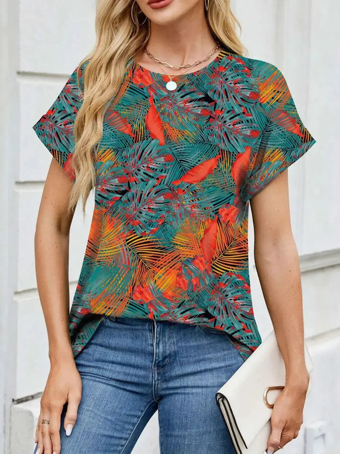 Printed Round Neck Short Sleeve Top - Clothes For Her Online Store