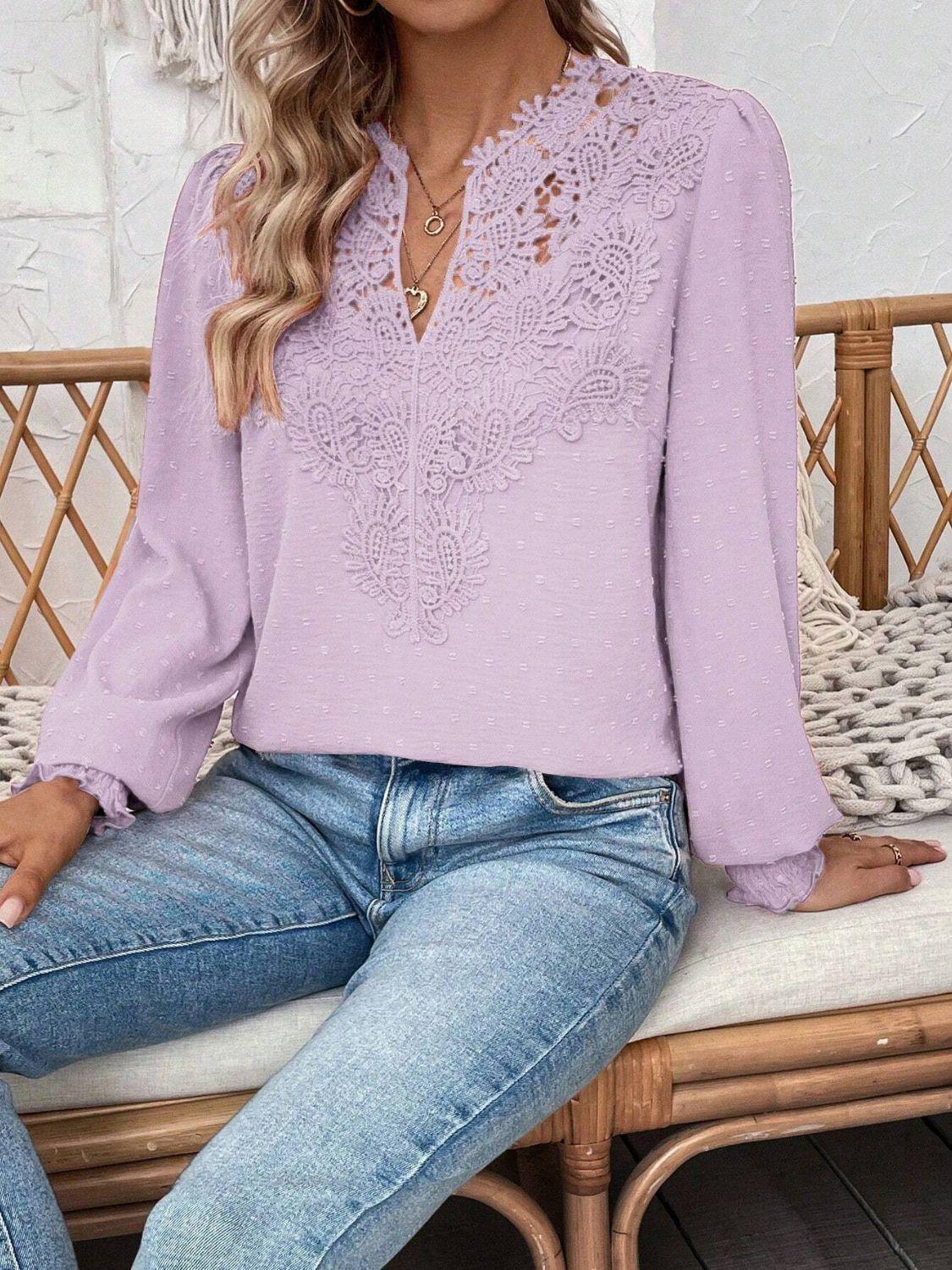 Swiss Dot Lace Detail Notched Long Sleeve Blouse - Clothes For Her Online Store