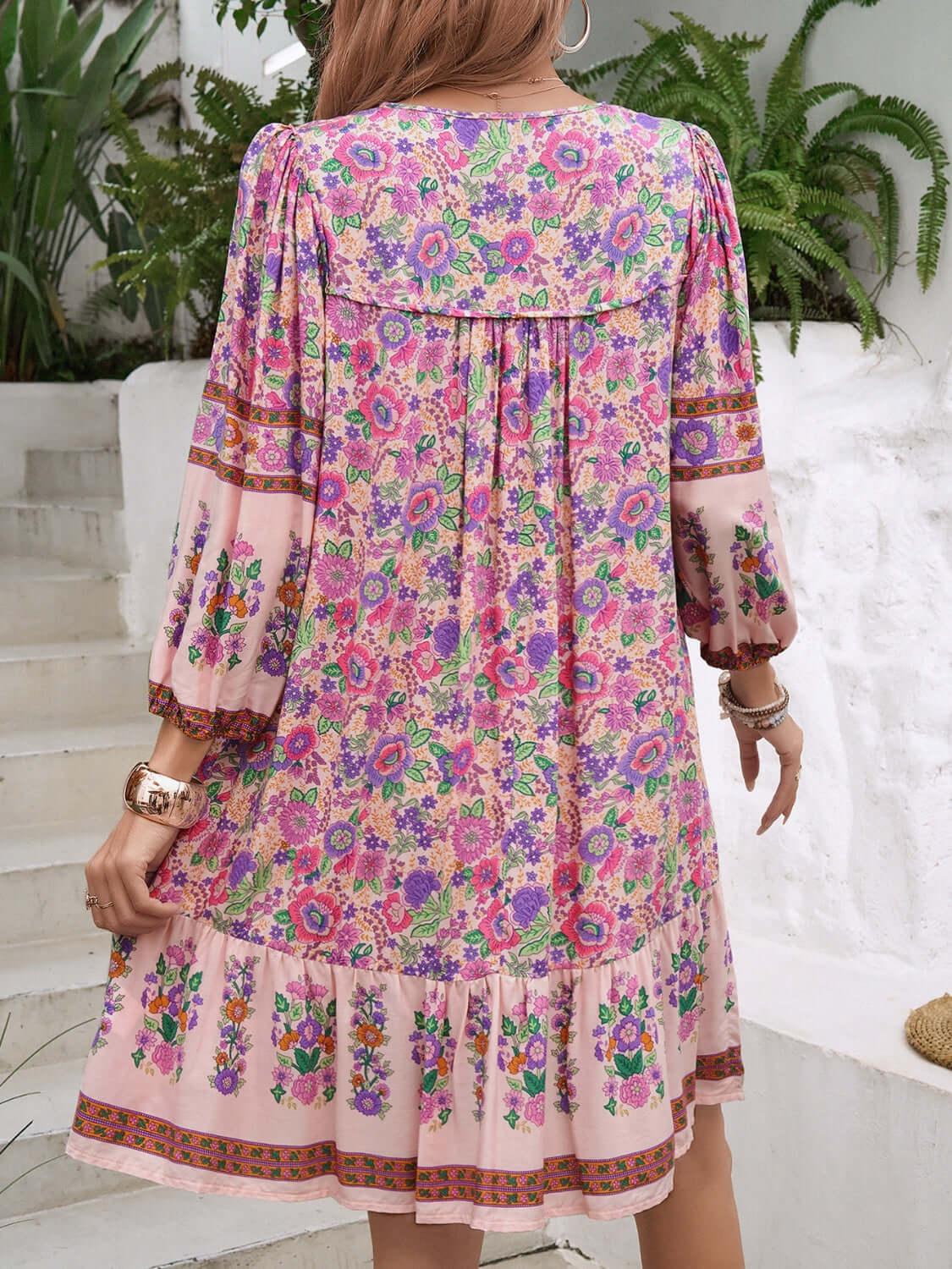 Devine Tassel Floral Tie Neck Mini Dress - Clothes For Her Online Store