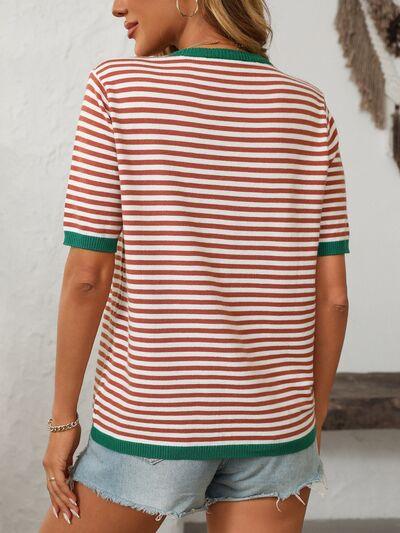 Mandy Striped Round Neck Half Sleeve Knit Top - Clothes For Her Online Store