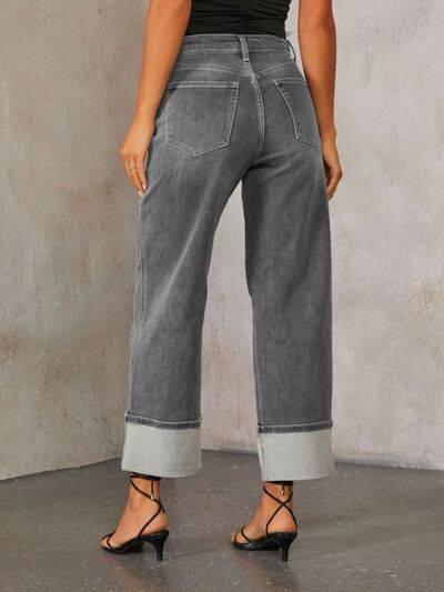 High Waisted Straight Leg Rolled Jeans - Clothes For Her Online Store