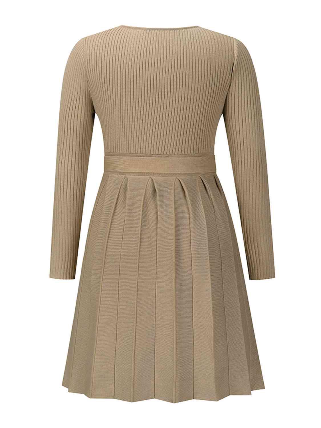 Surplice Neck Tie Front Pleated Sweater Dress - Clothes For Her Online Store
