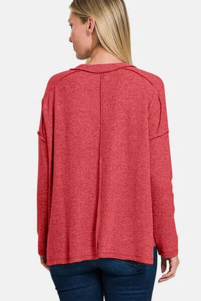 Zenana Full Size Exposed Seam Brushed Round Neck Sweater - Clothes For Her Online Store