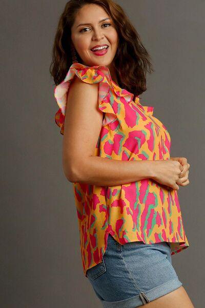 Umgee Full Size Abstract Print V-Neck Double Layer Ruffle Sleeve Blouse Plus Size - Clothes For Her Online Store