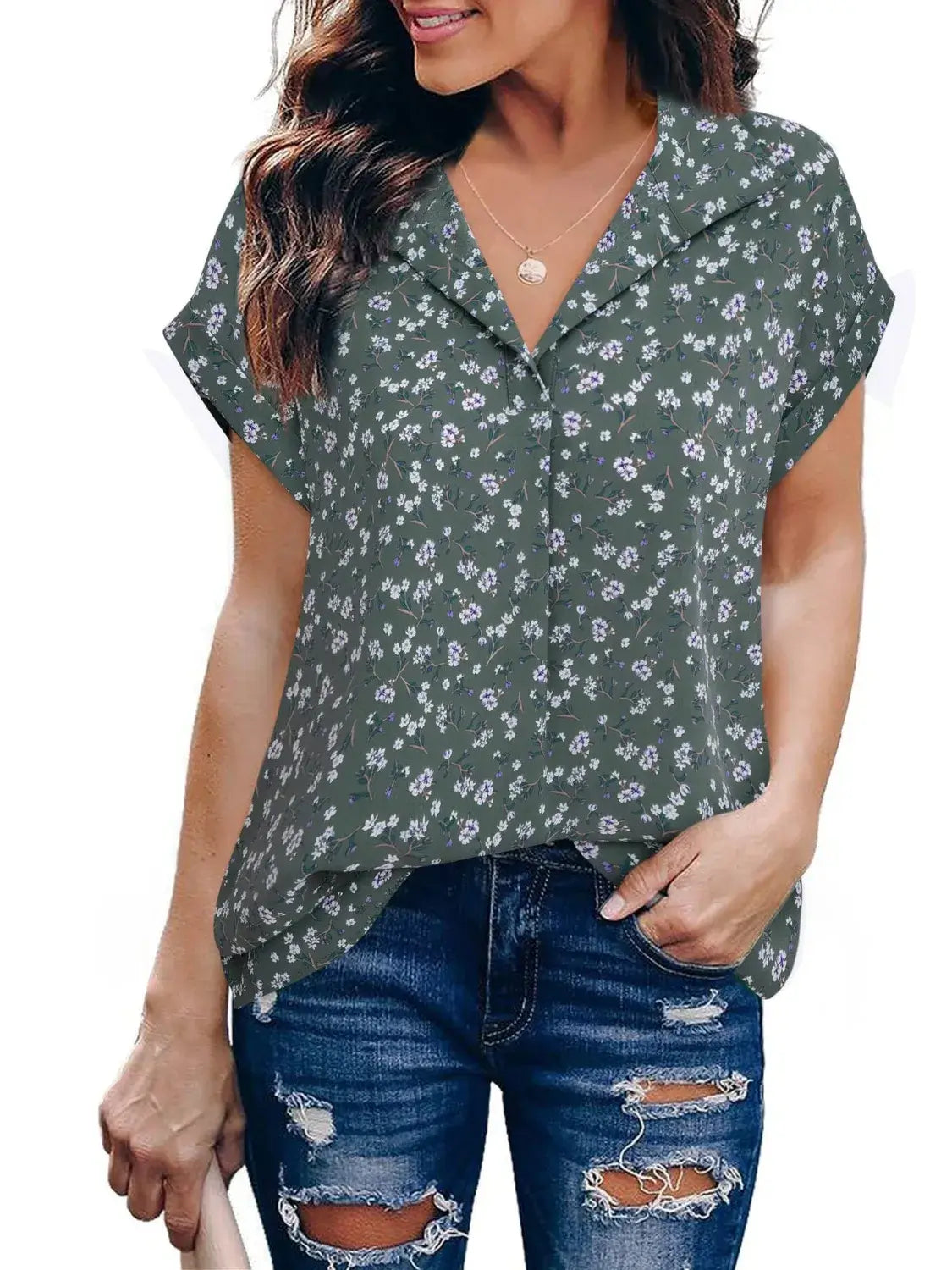 Collared Neck Short Sleeve Blouse