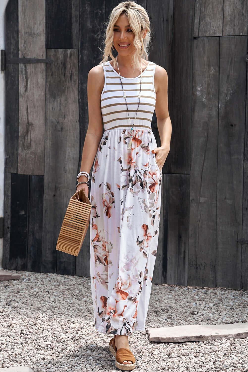 Striped Floral Round Neck Sleeveless Maxi Dress - Clothes For Her Online Store