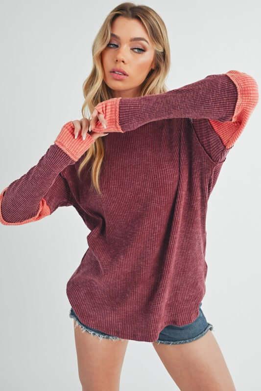 Aemi + Co Raw Seam Color Block Round Neck Knit Top - Clothes For Her Online Store