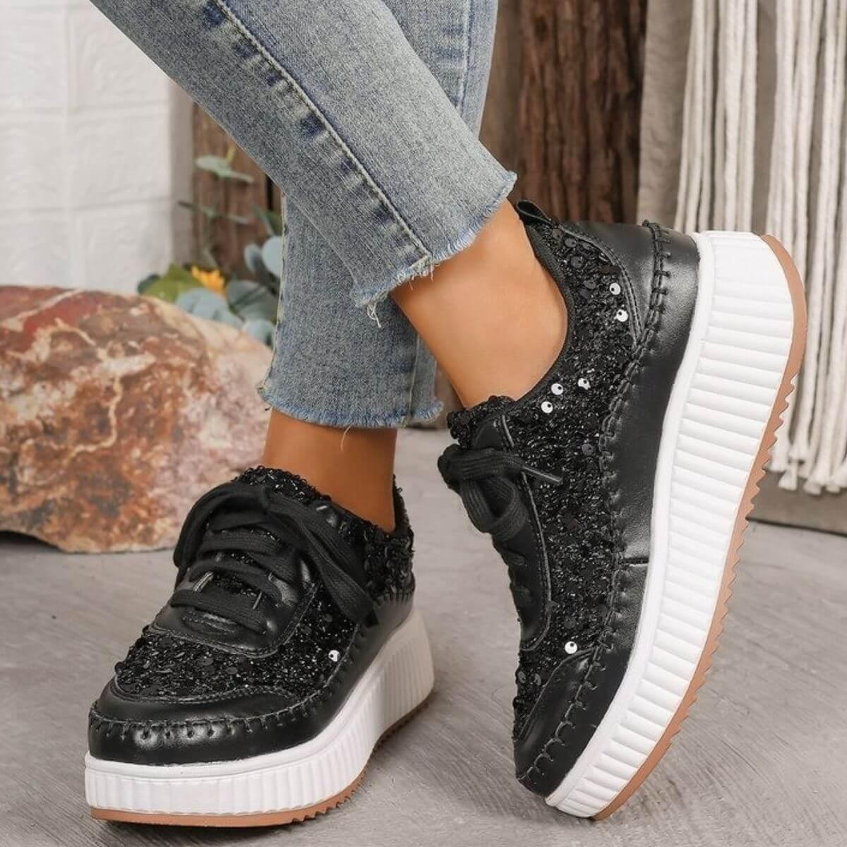 Sequin Round Toe Platform Lace Up Sneakers - Clothes For Her Online Store