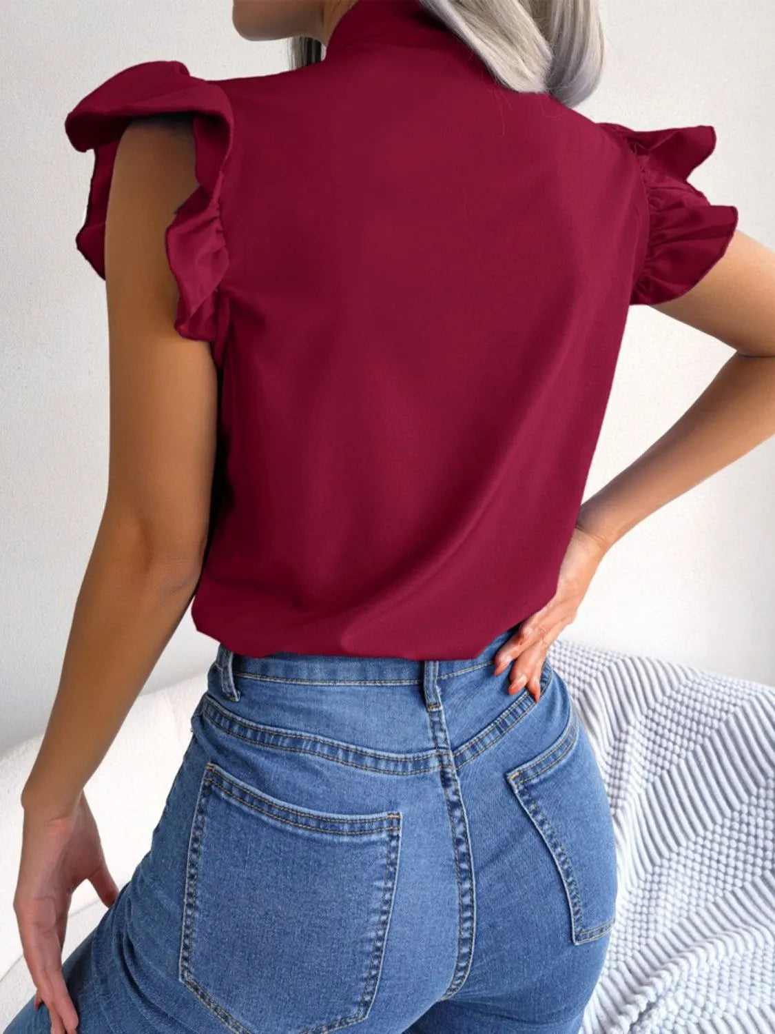 Ruffle Cap Sleeve Bow Tie Blouse