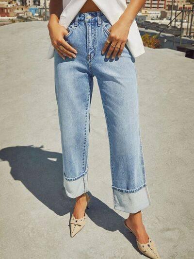 High Waisted Straight Leg Rolled Jeans - Clothes For Her Online Store