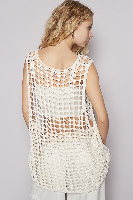 POL Flower Crochet Scoop Neck Sleeveless Knit Cover Up