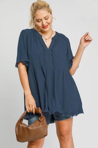 Umgee Full Size Raw Hem Notched Babydoll Linen Blouse Plus Size - Clothes For Her Online Store