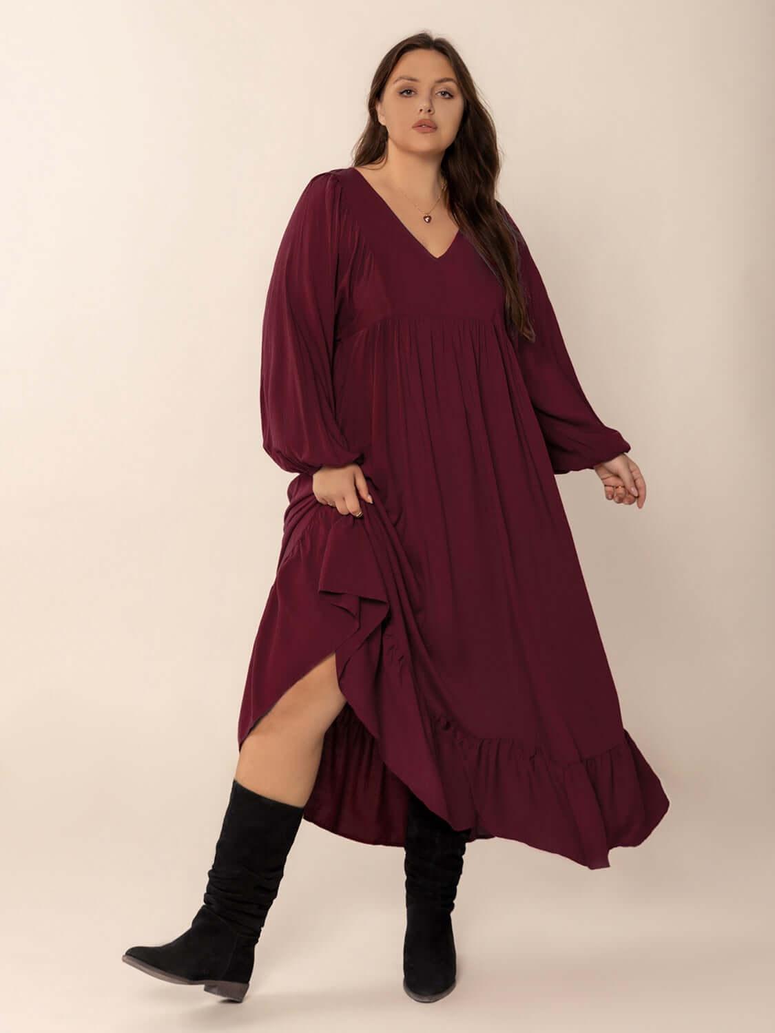 Plus Size Ruffled Hem V-Neck Balloon Sleeve Dress - Clothes For Her Online Store