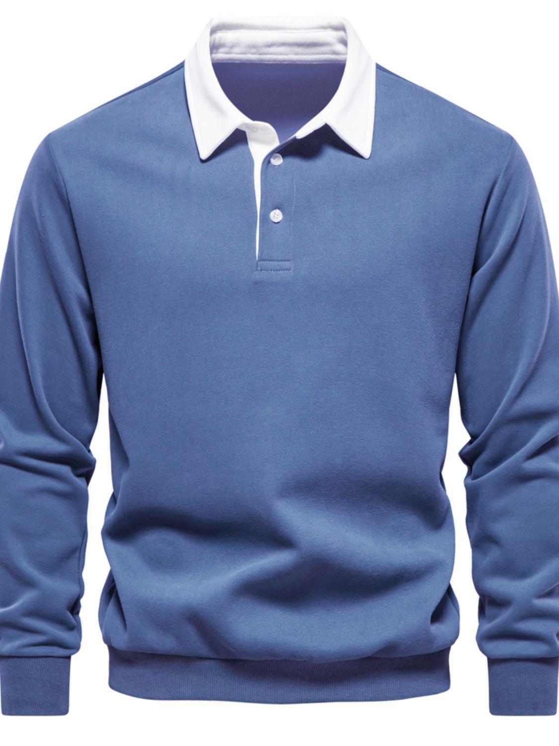 Men's Quarter Button Collared Neck Long Sleeve Polo - Clothes For Her Online Store