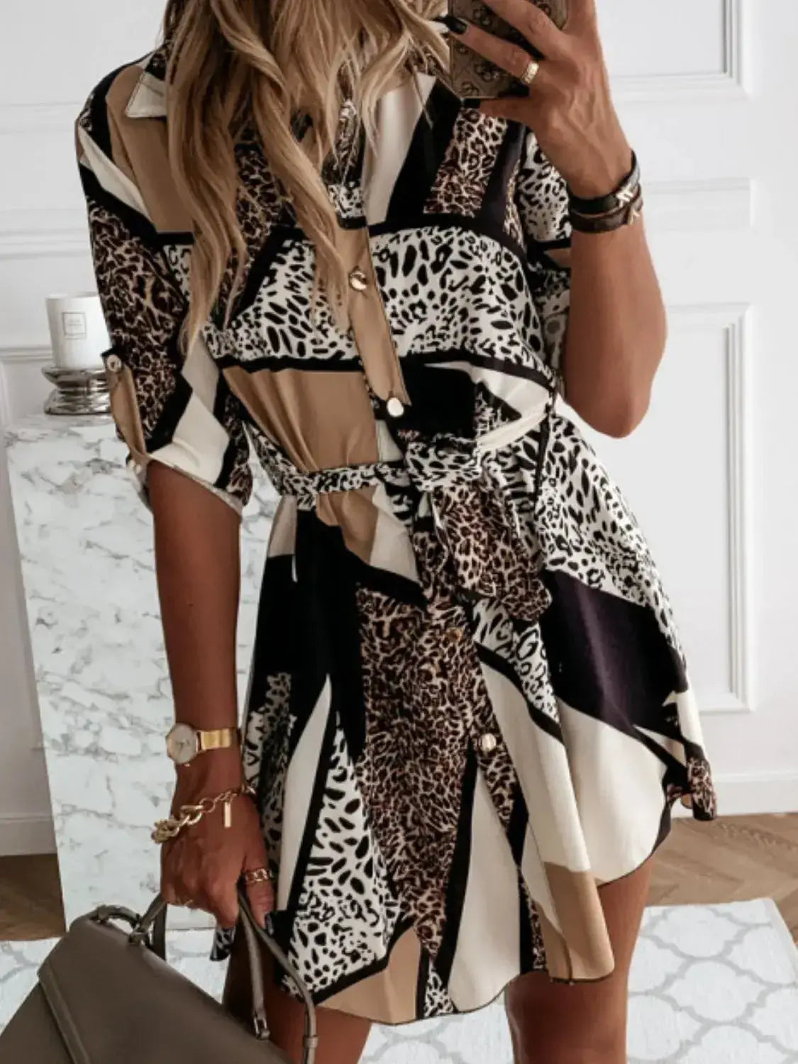 Printed Tie Waist Roll-Tab Sleeve Mini Dress