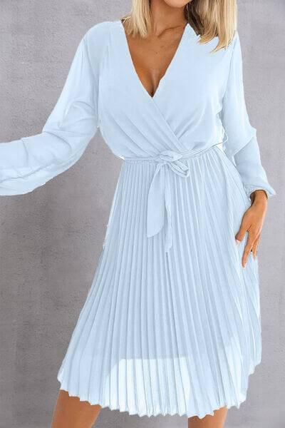 Tied Surplice Long Sleeve Pleated Dress - Clothes For Her Online Store