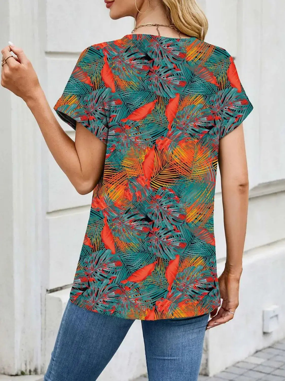Printed Round Neck Short Sleeve Top - Clothes For Her Online Store