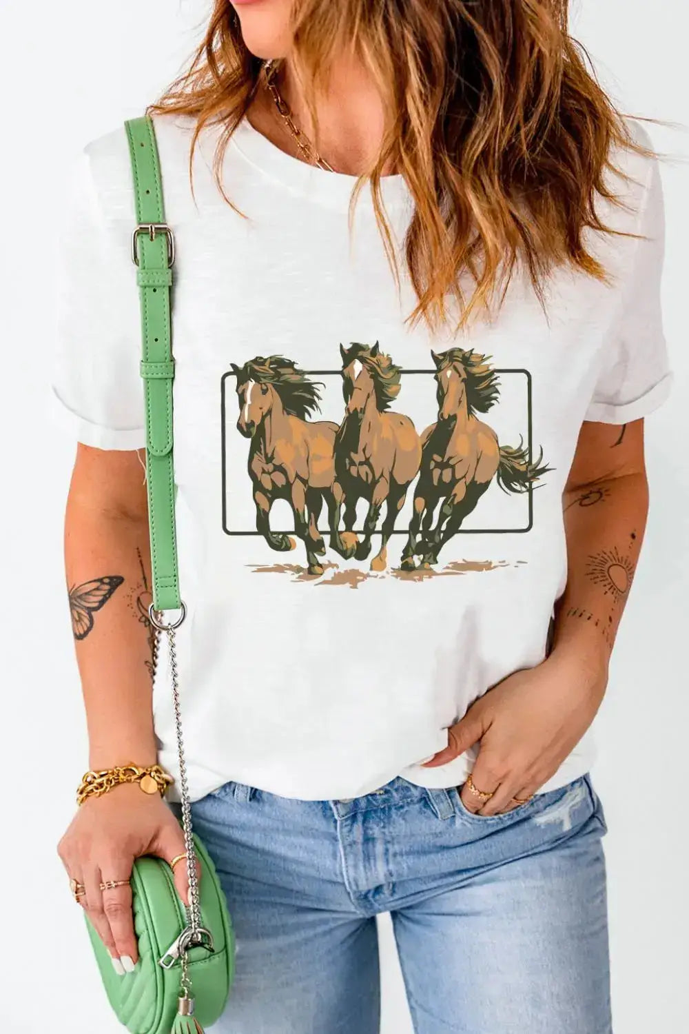 Texas Horse Graphic Cuffed Sleeve T Shirt - Clothes For Her Online Store