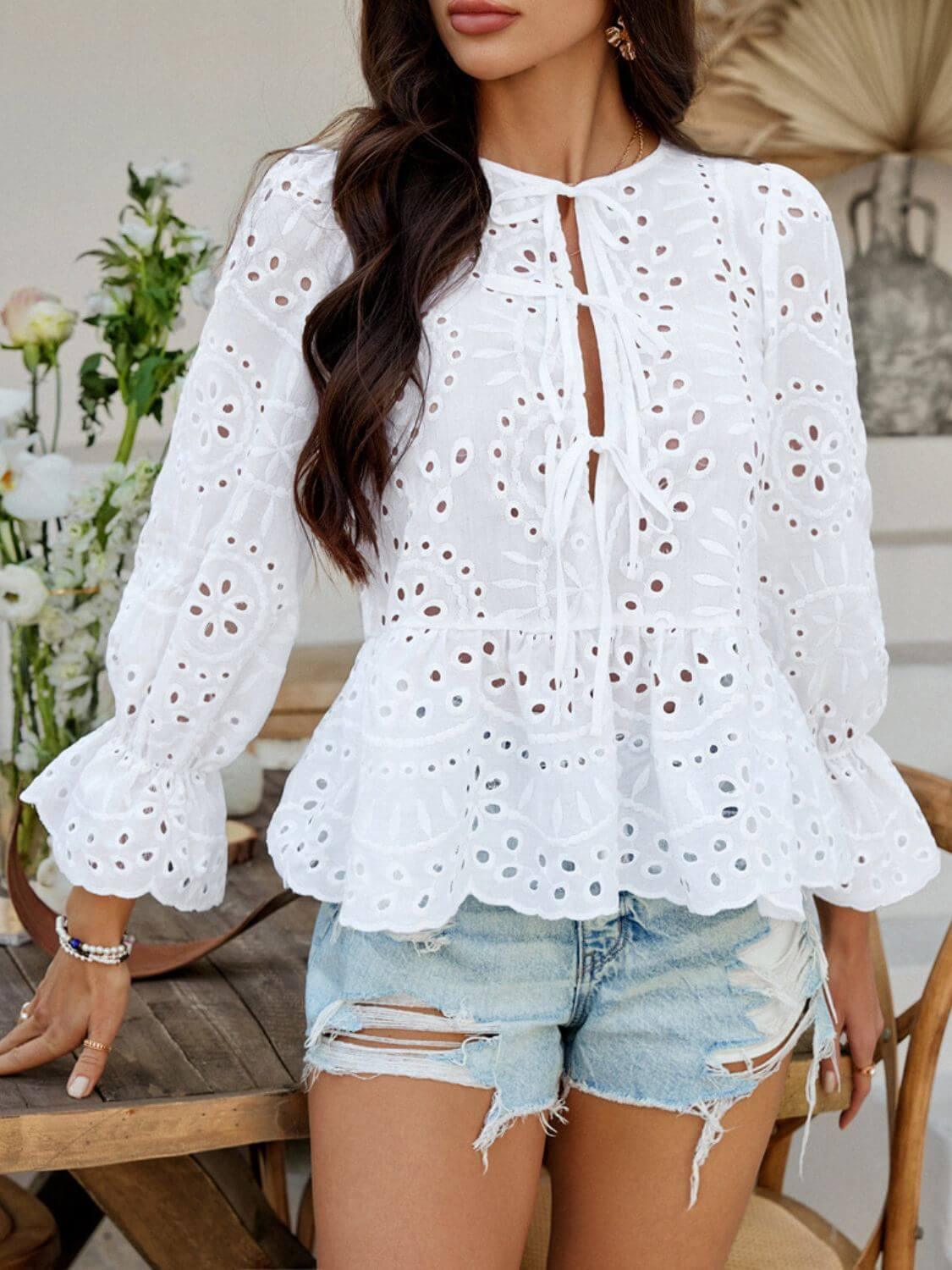 Devine Tie Front Flounce Sleeve Peplum Blouse - Clothes For Her Online Store