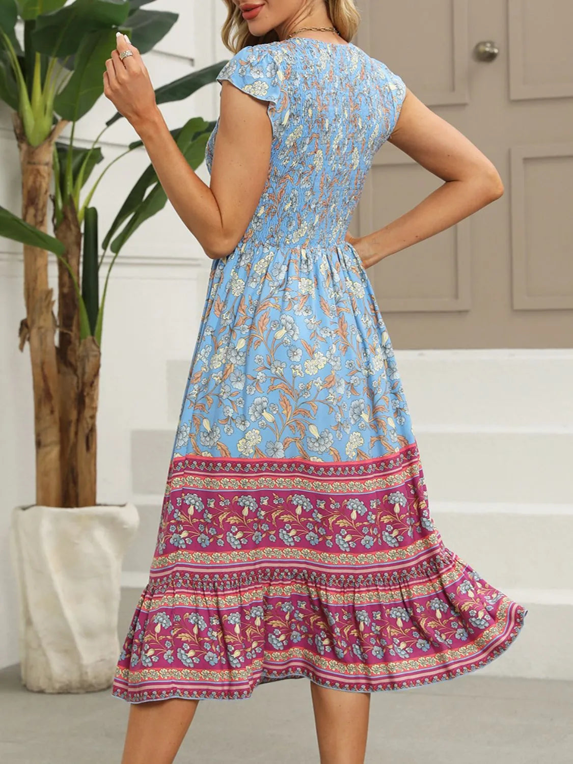 Printed Round Neck Cap Sleeve Dress
