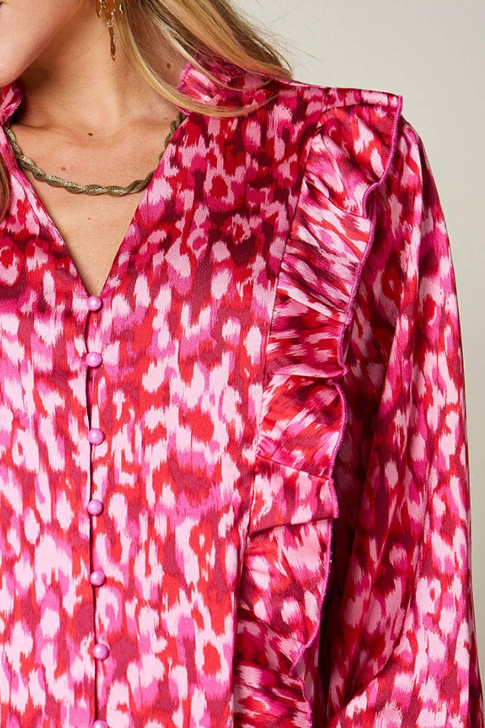 Double Take Full Size Printed Ruffle Trim Balloon Sleeve Shirt - Clothes For Her Online Store