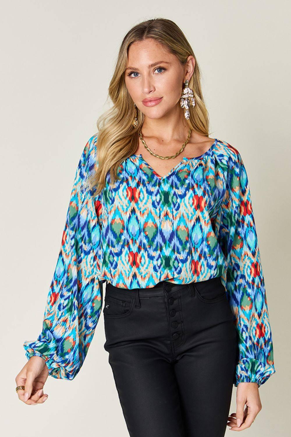 Double Take Full Size Printed Balloon Sleeve Blouse - Clothes For Her Online Store