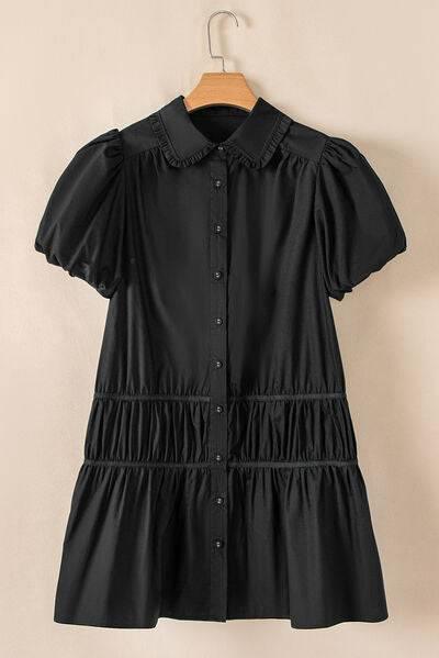 Button Down Puff Sleeve Ruffle Hem Dress - Clothes For Her Online Store