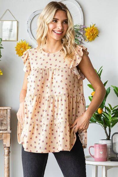 Heimish Full Size Butterfly Short Sleeve Round Neck Ditsy Floral Print Tiered Top Plus Size - Clothes For Her Online Store