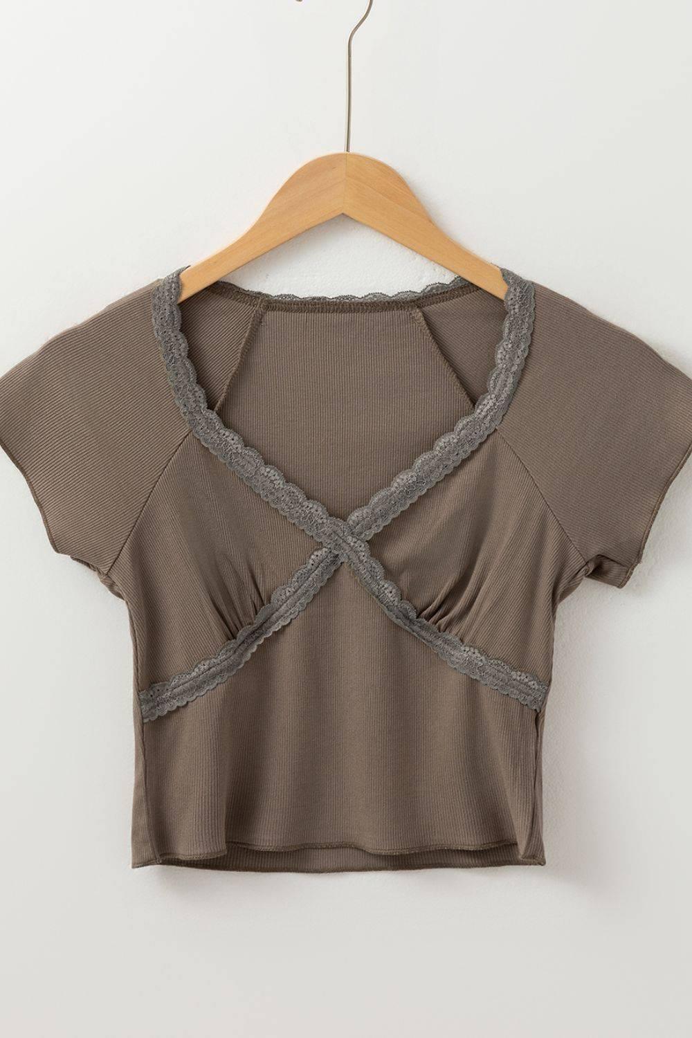Lace Splicing Crisscross Slim V Neck T Shirt - Clothes For Her Online Store