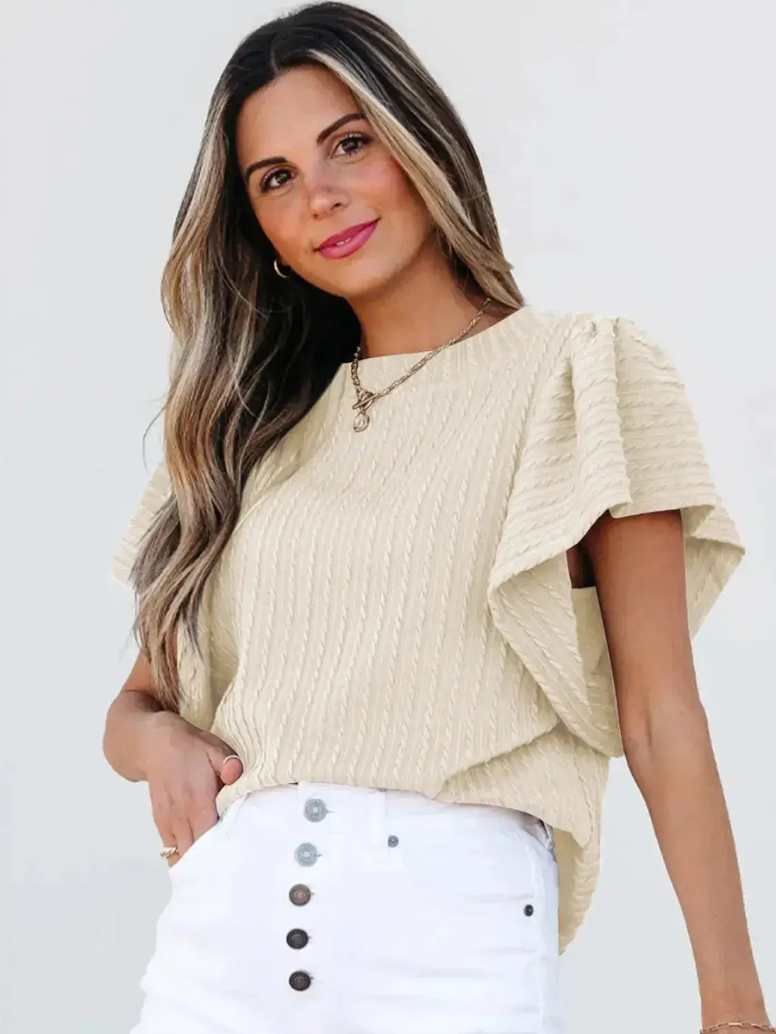 Round Neck Ruffle Sleeve Top - Clothes For Her Online Store