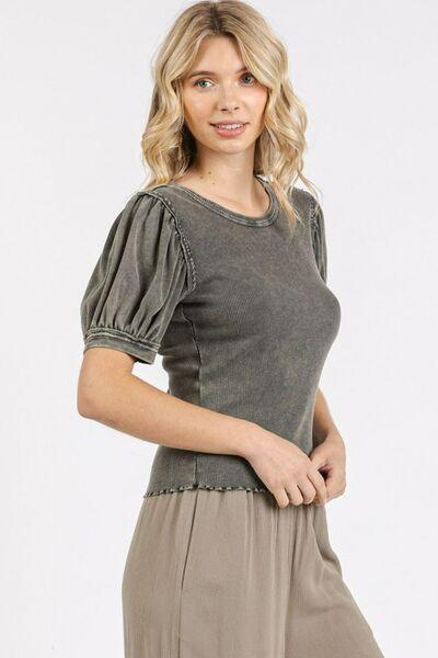 Mittoshop Mineral Wash Puff Sleeve Rib Knit Top - Clothes For Her Online Store