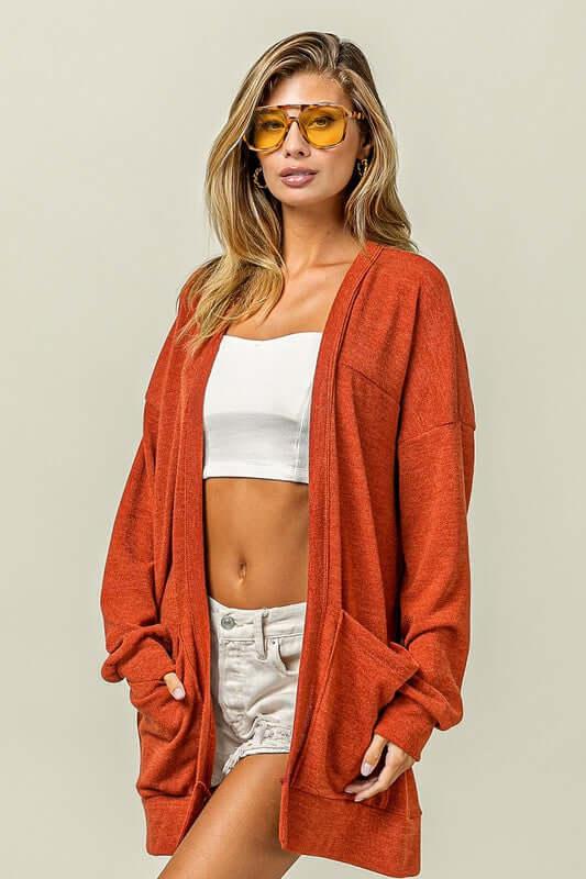BiBi Open Front Drop Shoulder Cardigan with Pockets - Clothes For Her Online Store