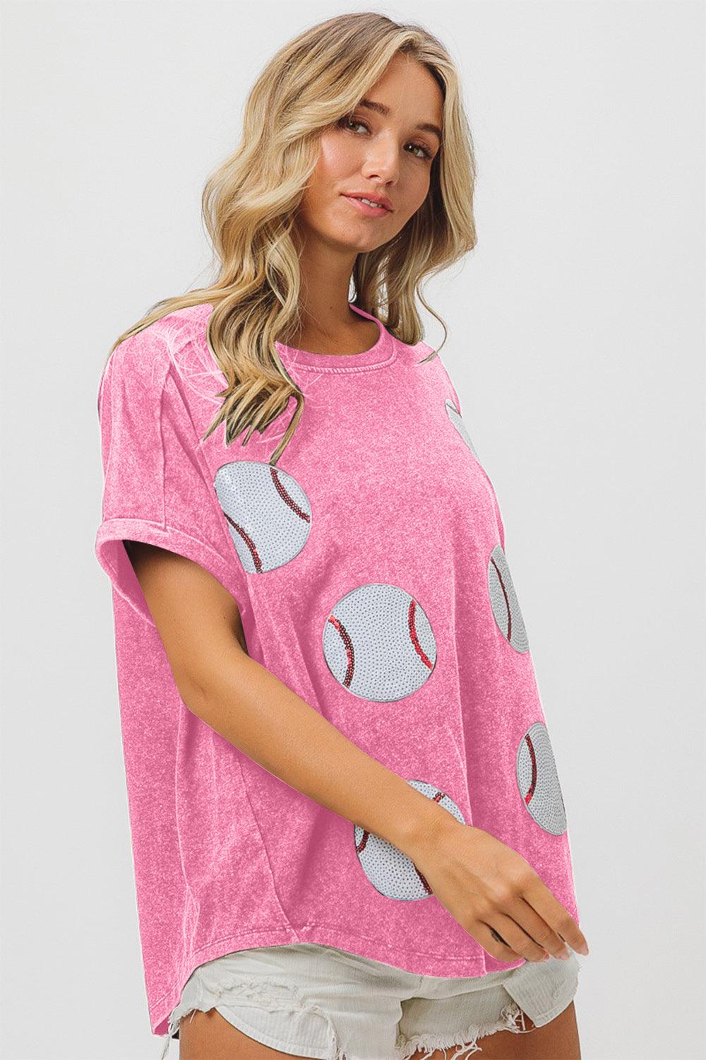 BiBi Sequin Baseball Short Sleeve T-Shirt - Clothes For Her Online Store