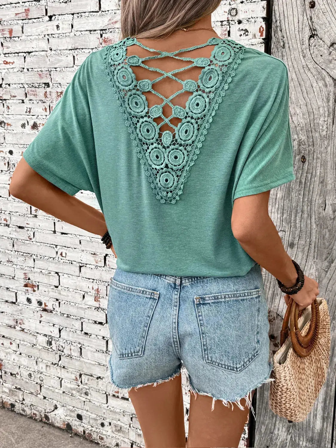 Pearl Detail Round Neck Short Sleeve T-Shirt - Clothes For Her Online Store