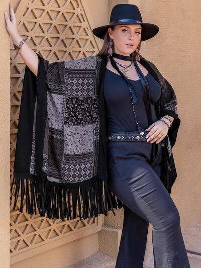 Plus Size Printed Fringe Open Front Outerwear - Clothes For Her Online Store