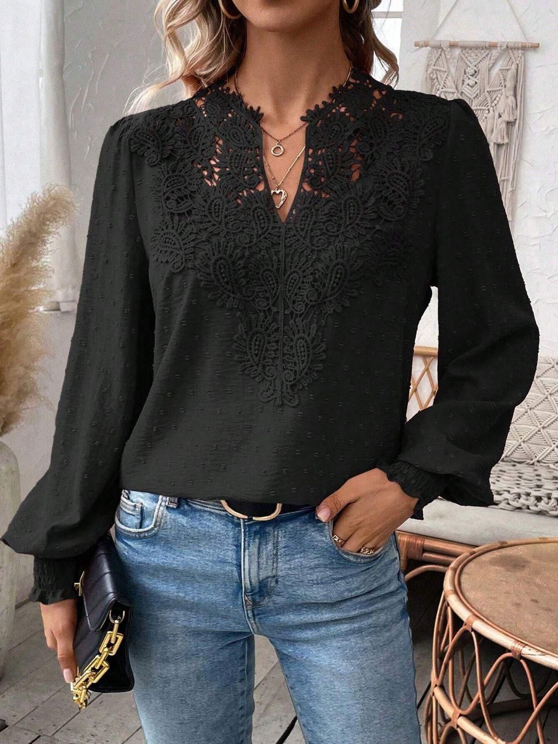 Swiss Dot Lace Detail Notched Long Sleeve Blouse - Clothes For Her Online Store